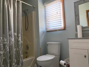 a bathroom with a toilet and a shower curtain at Oceanside, Single Family, Private Yard, Wifi, Washer Dryer, Ocean Side Home In Beach Haven 60092, in North Beach Haven