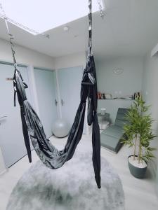 a hammock hanging from a ceiling in a living room at Love Room, Gîte 4 étoiles, 50 Nuances Romantiques in Villeneuve-en-Retz +15 photos