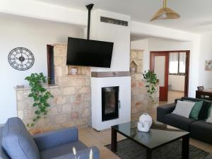 a living room with a couch and a fireplace at Anesis House in Stroumbi