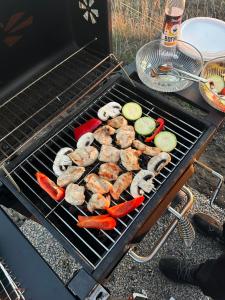 a bunch of meat and vegetables cooking on a grill at Tvorche Cabin in Bolʼshaya Bugayevka +11 photos