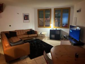 a living room with a couch and a television at Ceret Beautiful Spacious House & Courtyard BBQ in Céret