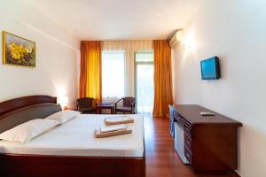 a bedroom with a bed and a desk with a television at Hotel Victoria in Costinesti