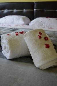 two towels with hearts on them on a bed at SUNRISE Hôtel in Brussels