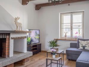 a living room with a couch and a fireplace at Design alpino in centro con balcone e parcheggio in Tarvisio