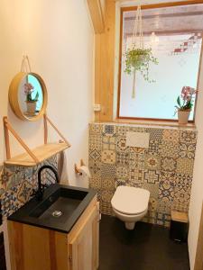 a small bathroom with a toilet and a window at ECO-CHALET Bel Oiseau - Saint-Ursanne in Saint-Ursanne +19 photos