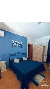 a blue bedroom with a bed and a blue wall at Agriturismo Terra Nostra in San Mauro Cilento