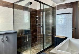 Un baño con ducha de cristal y lavabo. en Thea Penthouse with private parking, en Sarandë 46 fotos más