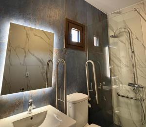a bathroom with a toilet and a shower and a sink at Agios Nikolaos Open Living Suite in Agios Nikolaos +6 photos
