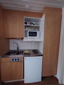 eine kleine Küche mit Spüle und Mikrowelle in der Unterkunft Jävregården in Jävre