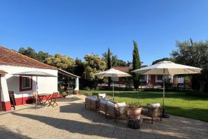 a patio with chairs and umbrellas in a yard at Herdade das Barradas da Serra in Grândola