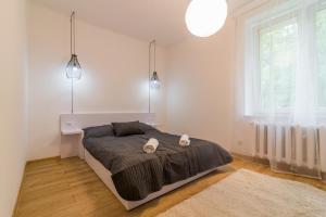 a bedroom with a bed and a window and two lights at Apartament Ku Słońcu - Hel in Hel
