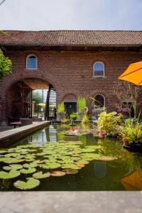 a pond with lilies in front of a brick building at Hoeve de Binnenplaets - Appartementen - Glamping - Familieverblijf in Schimmert