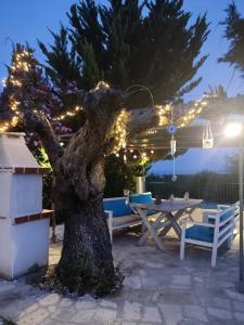 a tree with christmas lights on a patio at Dream house by the sea in Mola Kalyva