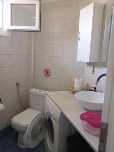 a bathroom with a toilet and a sink and a washing machine at Dream house by the sea in Mola Kalyva +25 photos