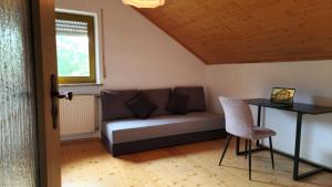a living room with a couch and a table at Bachoase Bischofsmais in Bischofsmais