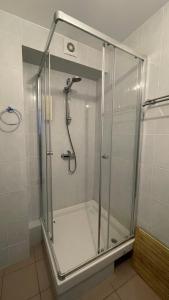 a shower with a glass door in a bathroom at Hostel Pomor in Barentsburg