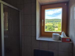 a bathroom with a window with a view of a field at Bio-Bauernhof Wilfling in Miesenbach +2 photos