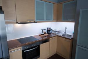 a kitchen with a sink and a stove top oven at Portlight Apartment -at Marina Yacht Park, Old Town Gdynia in Gdynia