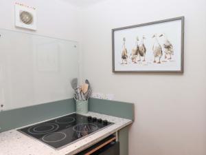 a kitchen with a stove and a picture on the wall at Church Barn in Holsworthy +40 photos