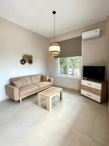 a living room with a couch and a table at Golden Beach Apartments in Chrysi Ammoudia