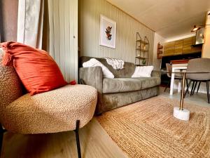 a living room with a couch and a chair at Lodge Montëva - Le Chinaillon - Au pied des pistes in Le Grand-Bornand