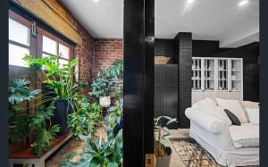 ein Wohnzimmer mit einer weißen Couch und Pflanzen in der Unterkunft Contemporary Apartment in West Hobart in West Hobart + 2 Fotos