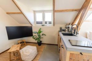 a kitchen with a sink and a tv on the wall at Van Heeckeren Apartments & Suites Buren in Buren