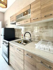 a kitchen with a sink and a refrigerator at Golden Beach Apartments in Chrysi Ammoudia