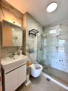 a bathroom with a sink and a toilet and a shower at Golden Beach Apartments in Chrysi Ammoudia +10 photos