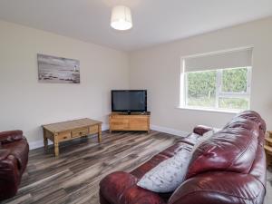 a living room with a leather couch and a flat screen tv at Teac Caoimhe in Falcarragh