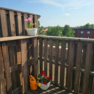 two potted plants and flowers on a balcony at Terrace Apartments at Kirkkokatu in Savonlinna