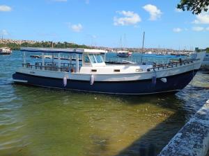 Un barco azul y blanco en el agua en Escunha, en Salvador