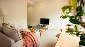 a living room with a couch and a tv at Apartamentos Costa Norte in San Vicente de la Barquera