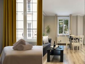 a hotel room with a bed and a living room at Elite Apartments Old Town Center in Gdańsk +7 photos