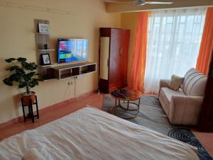 a bedroom with a bed and a couch and a tv at Voi luxurious homes in Voi