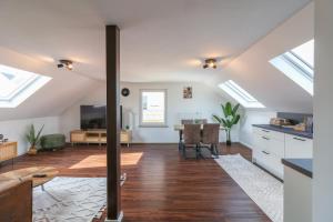 cocina y sala de estar con tragaluces en Velura Apartments Stilvoll, en Lauffen am Neckar