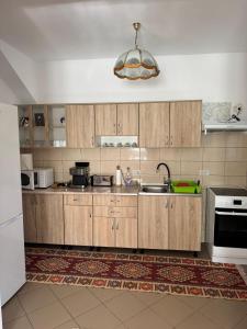 a kitchen with wooden cabinets and a sink at Pensiunea Floare de Colt in Moisei