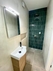 a bathroom with a sink and a shower at Spacious, Newly Renovated, Pula Rooftop Apartment with Marina Views in Pula +22 photos