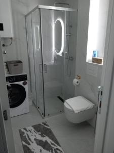 a bathroom with a shower and a toilet and a washing machine at Apartman Teodora 1 in Trebinje +9 photos