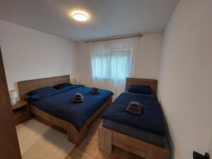ein Schlafzimmer mit zwei Betten mit blauer Bettwäsche und einem Fenster in der Unterkunft Jakiland house Plitvice Lakes in Korenica