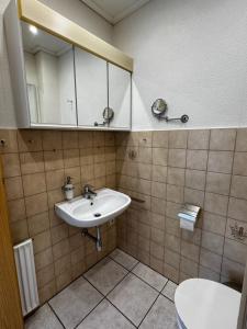 a bathroom with a sink and a mirror at Bungalow Löwenstrom in Büsum +67 photos