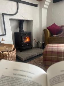 une cheminée dans un salon avec un livre dans l'établissement Campbell's Cottage, à Blackwatertown