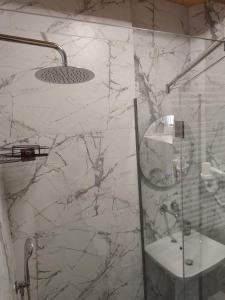 a bathroom with a shower with a sink and a mirror at villa Tema 2 in Ohrid +23 photos