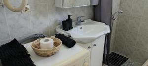 a bathroom with a sink and a basket on a counter at Antissa House in Carpe Diem Villas and Houses in Kalloni