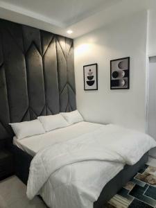 a bedroom with a large bed with a padded headboard at Woodhaven apartment in Kubwa