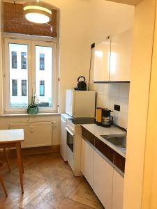 a kitchen with white cabinets and a sink and a window at Stylische Mid-Century-Wohnung im Zentrum Plauens in Plauen +11 photos