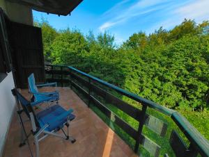 two chairs on a porch with a view of trees at Appartamento Ciliegio in Abetone
