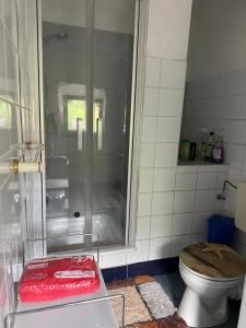 e bagno con doccia, servizi igienici e vasca. di Finca Sommerfeld 2-Zimmerhaus mit Terrasse und Garten a Kremmen