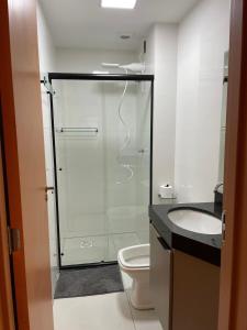 a bathroom with a shower and a toilet and a sink at Apartamento, Flat, Studio no Daia in Anápolis +14 photos