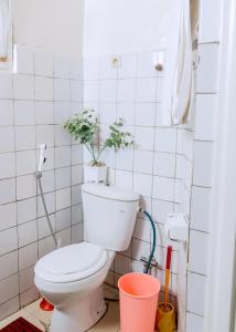 a bathroom with a toilet with two plants on top at Hi-Pima Boutique Hotel in Kigali